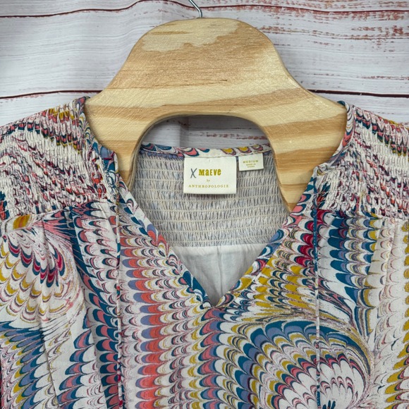 Maeve Anthropologie Shirt Womens Medium Smocked Cropped Blouse Bell Sleeve Swirl - Picture 2 of 13